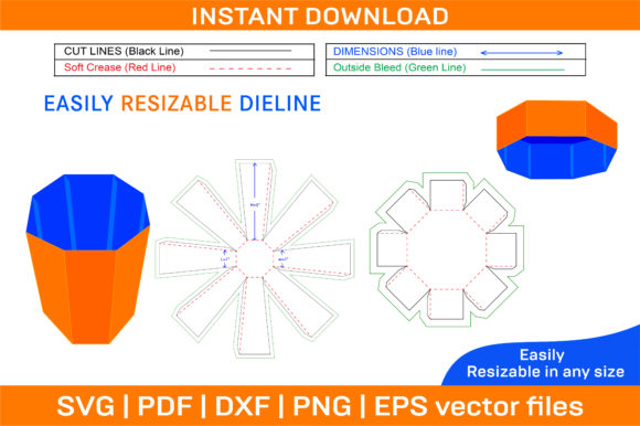 Octagonal Box with Lid Dieline Template for Graphics and Print Templates